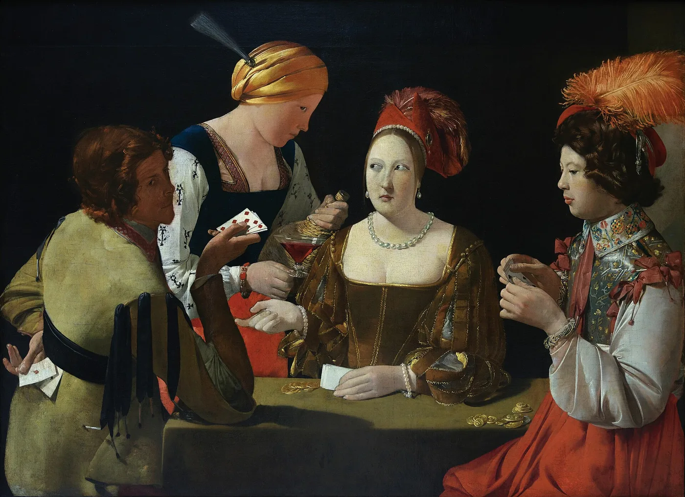 Georges de La Tour, O Trapaceiro com o Ás de Ouros. Numa mesa de jogo, o rapaz rico à direita está prestes a ser depenado e não faz ideia.