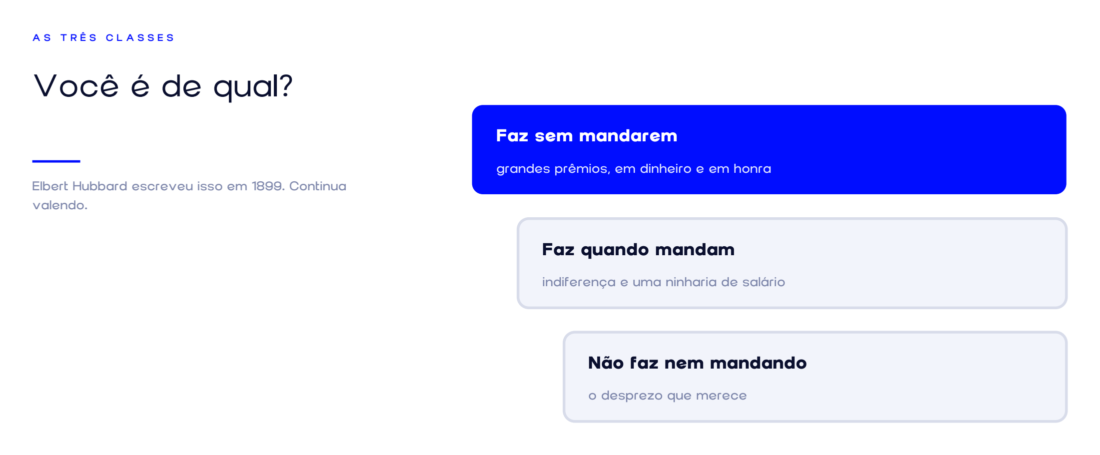 As três classes de Elbert Hubbard: faz sem mandarem, faz quando mandam, não faz nem mandando.
